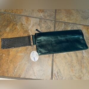 Georgie Alexander: Dark Green Leather Clutch w/ Silver Mesh Strap